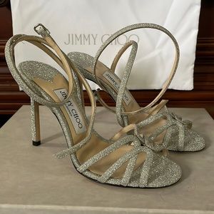 JIMMY CHOO London silver sparkle heels.